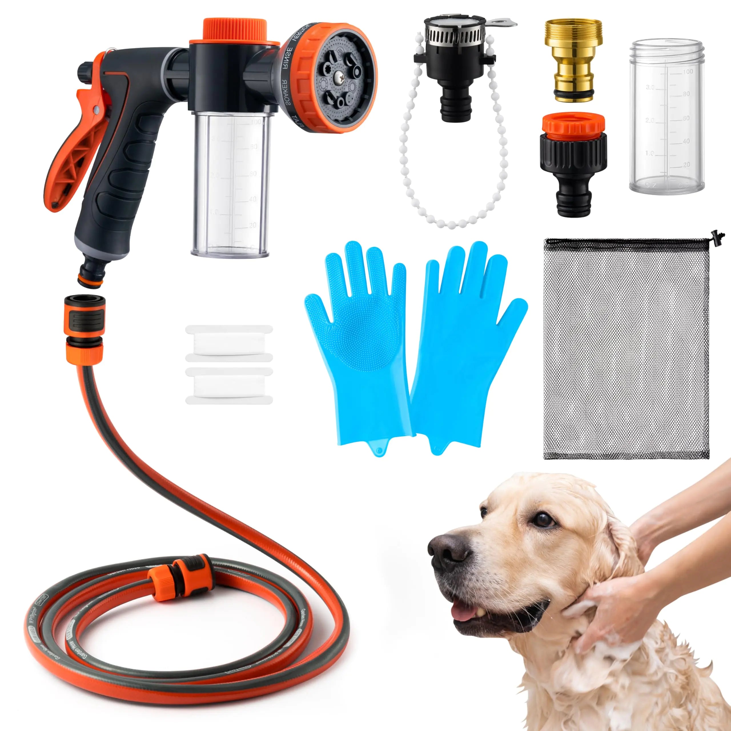 MALLMALL6 Dog Washing Hose attachment with Pet Grooming Glove & 2 Soap Dispenser 10-in-1 Spray Modes Foam Nozzle Sprayer with 8.2Ft Pup Washer Hose for Showering Pets Car Wash Watering Flowers